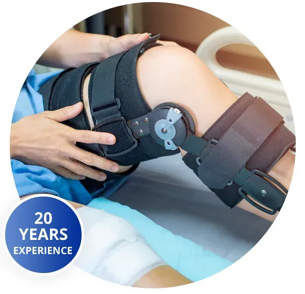 Person wearing a knee brace for support and recovery.